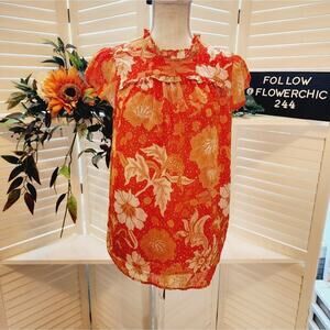 JOIE BOHO RUFFLE FORAL ORANGE RUST AND CREAM BLOUSE SIZE MED